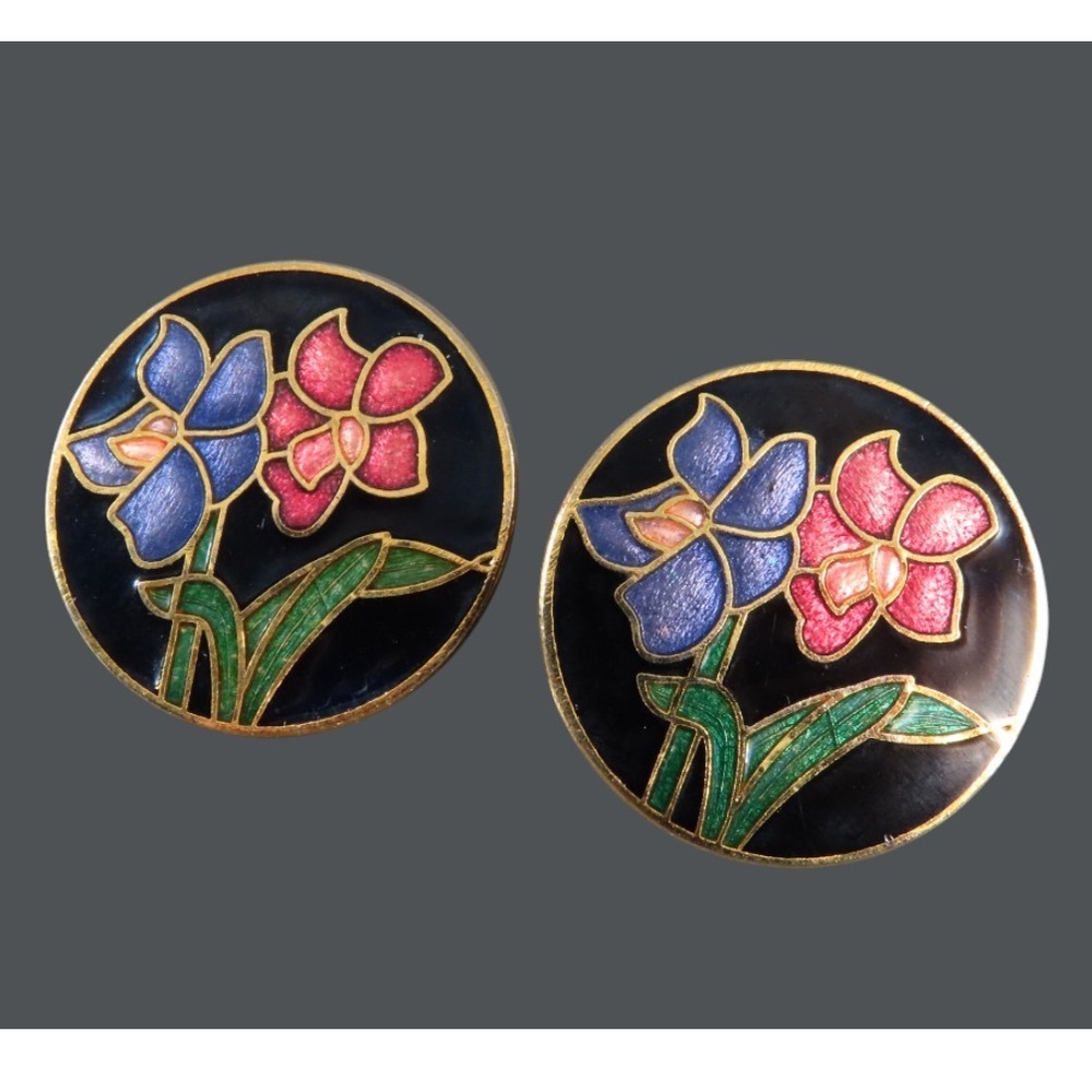 Vintage CLOISONNE ENAMEL Round Flat Earrings GOLD TONE Black Pink Blue Flowers